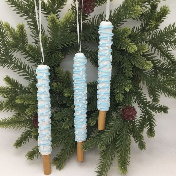 3-Iced Pretzel Lollipop Christmas Ornaments-White Blue Sprinkles 6 in - Picture 2 of 5